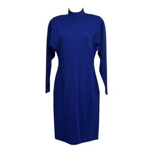 Nina Patrick Blue Mock Neck Sheath Dress Classic Workwear Chic